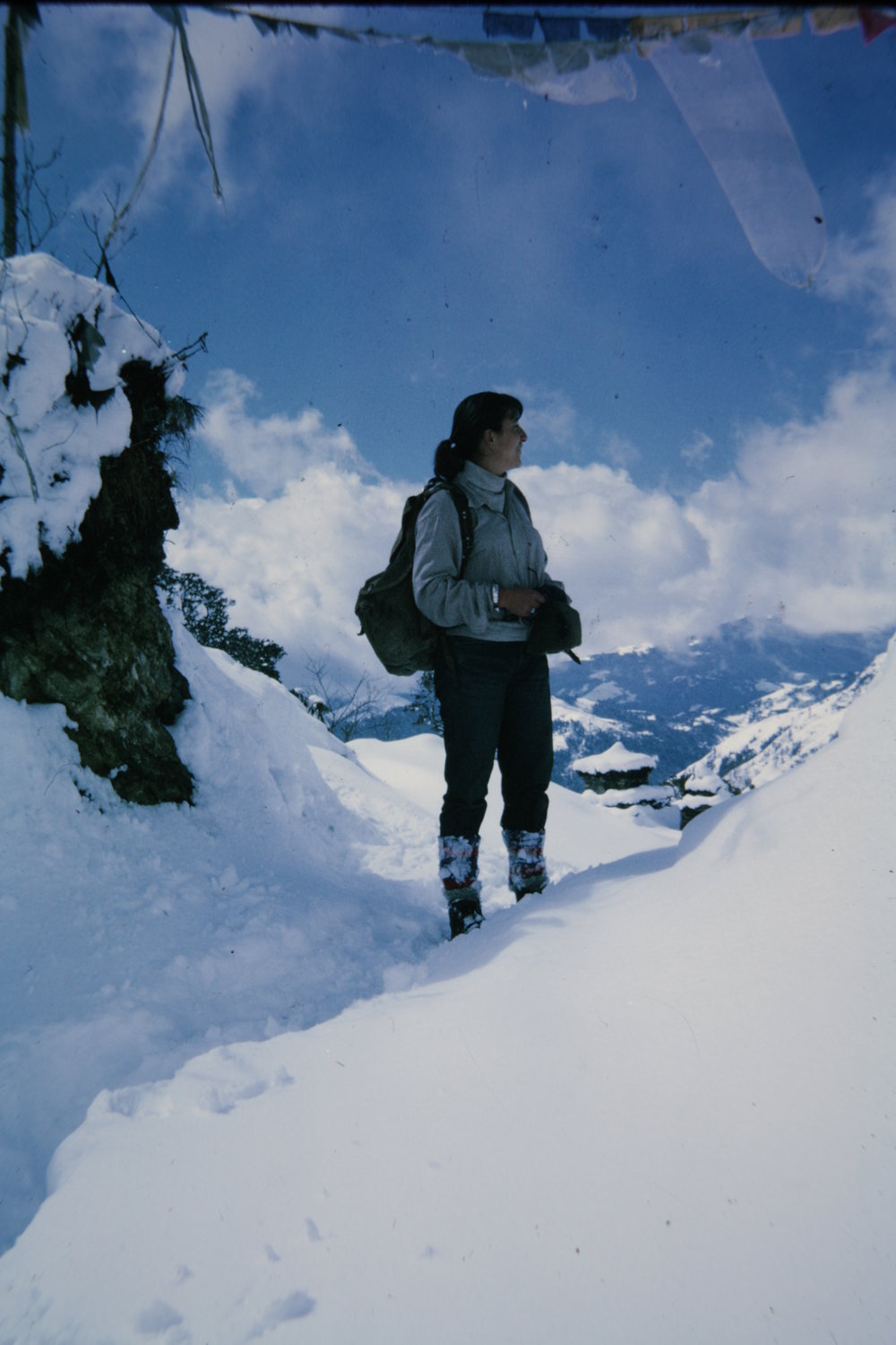In the winter of 1969, Aziz moved among Sherpa villages, crossing passes like this at Ringmo in Solo before deciding on a nearby research site where she would spend an uninterrupted 11 months.